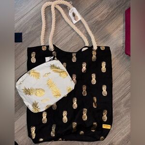 Gold Pineapple lined Tote Bag with Matching water proof Pouch - Black